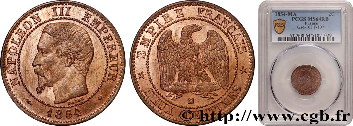 Deux centimes Napoléon III, tête nue 1854 Marseille F.107/17 SPL64 PCGS