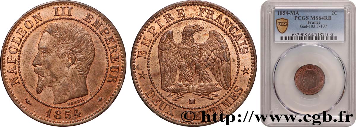 Deux centimes Napoléon III, tête nue 1854 Marseille F.107/17 SPL64 PCGS