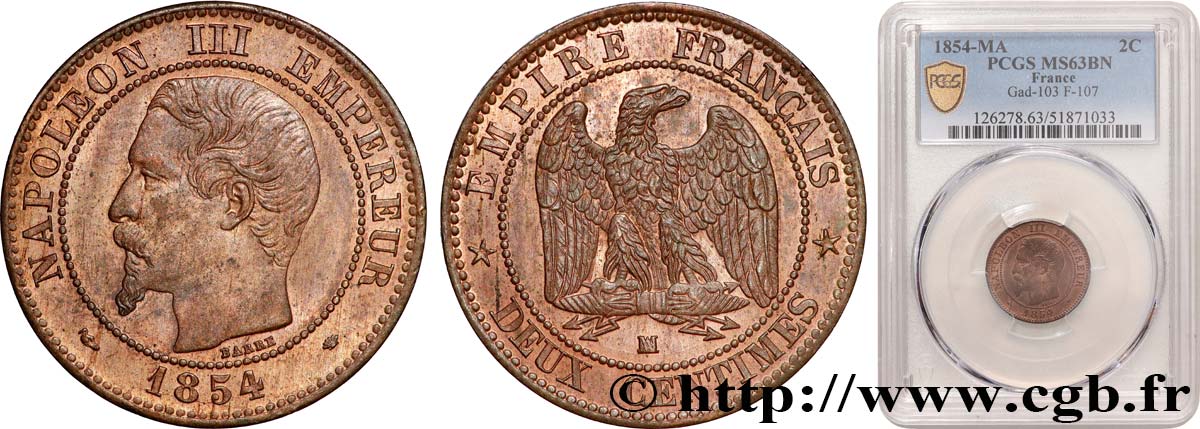 Deux centimes Napoléon III, tête nue 1854 Marseille F.107/17 fST63 PCGS