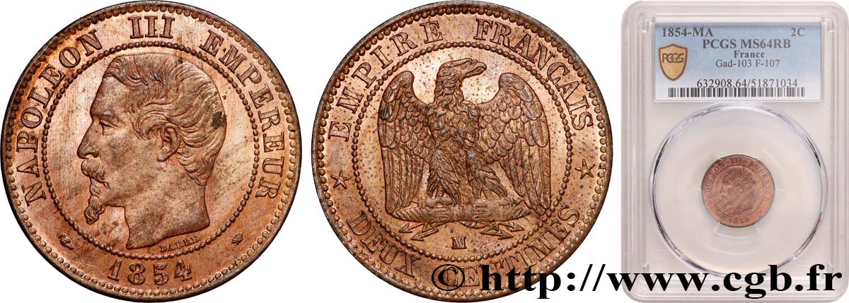 Deux centimes Napoléon III, tête nue 1854 Marseille F.107/17 SPL64 PCGS