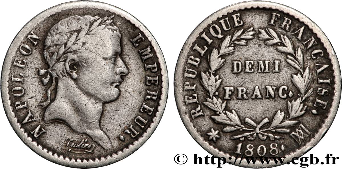 Demi-franc Napoléon Ier tête laurée, République française 1808 Marseille F.177/12 VF 