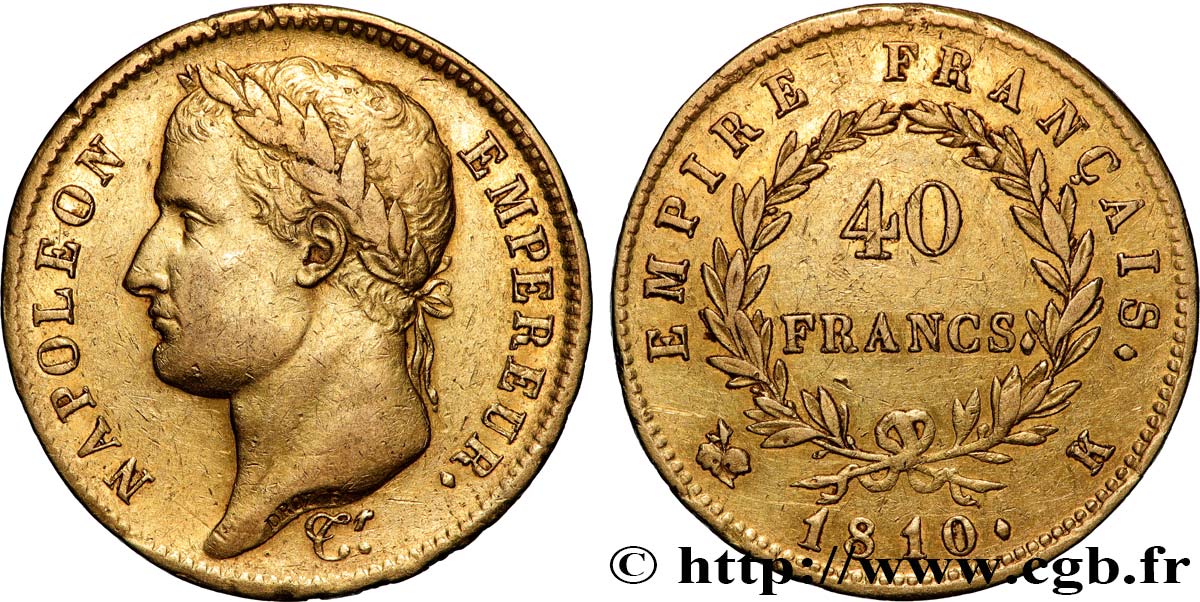 40 francs or Napoléon tête laurée, Empire français 1810 Bordeaux F.541/4 XF 