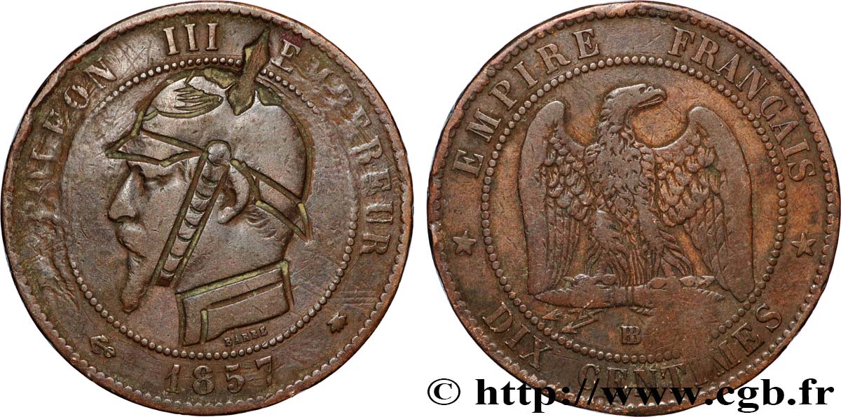 Dix centimes Napoléon III, tête nue, satirique 1857 Strasbourg F.133/43 var. VF 