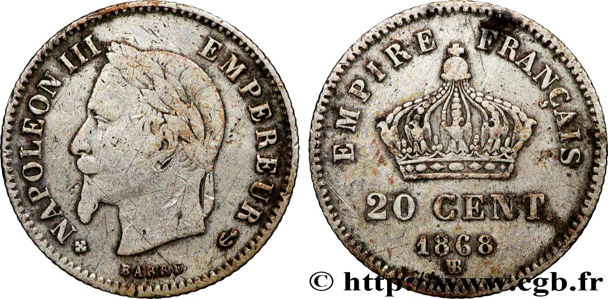 20 centimes Napoléon III, tête laurée, grand module 1868 Strasbourg F.150/5 S 