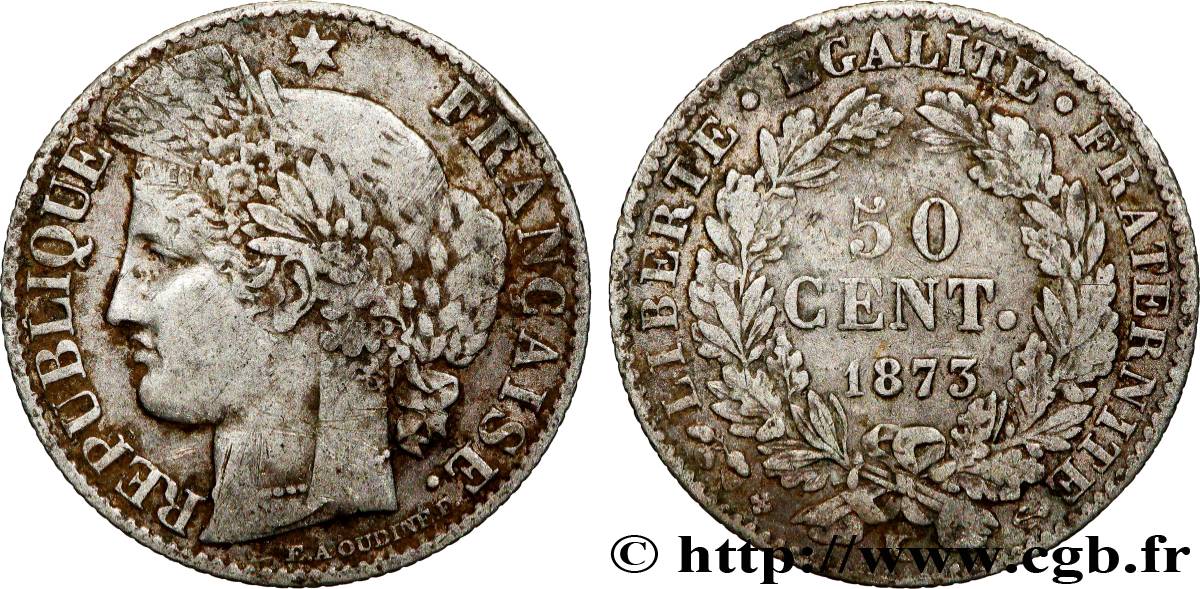 50 centimes Cérès, IIIe République 1873 Bordeaux F.189/6 TB 