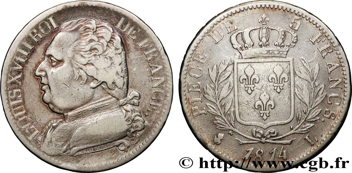 5 francs Louis XVIII, buste habillé 1814 Bayonne F.308/8 TB 