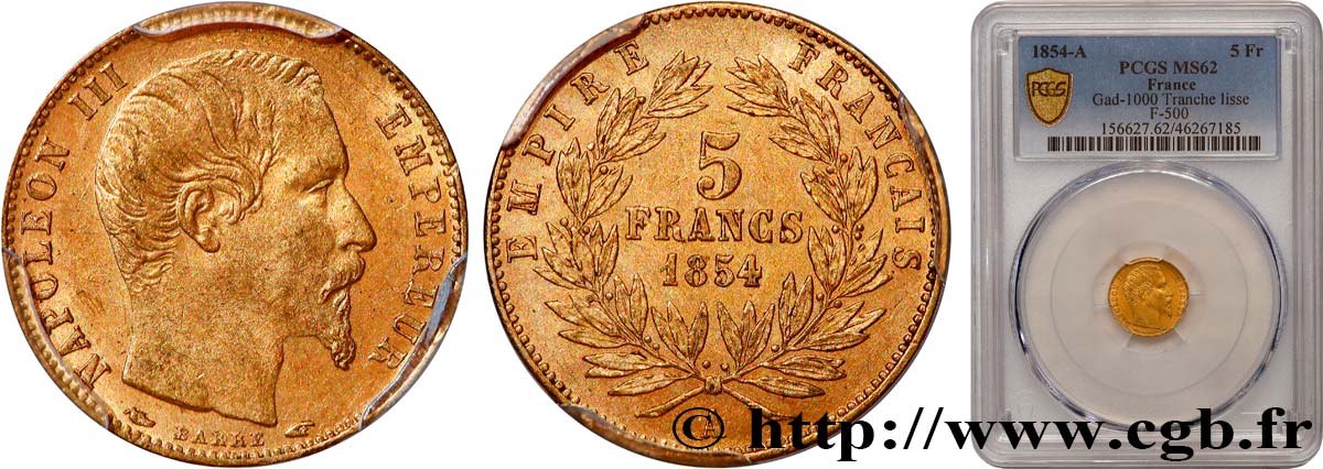 5 francs or Napoléon III, tête nue, petit module, tranche lisse 1854 Paris F.500/1 MS62 PCGS