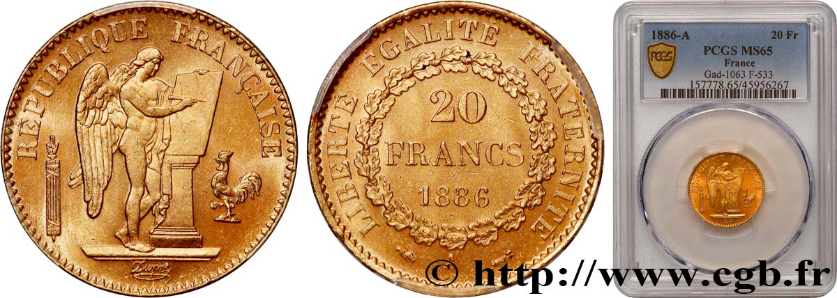 20 francs or Génie, IIIe République 1886 Paris F.533/9 ST65 PCGS