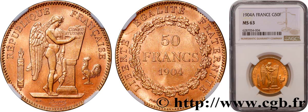 50 francs or Génie 1904 Paris F.549/6 MS63 NGC