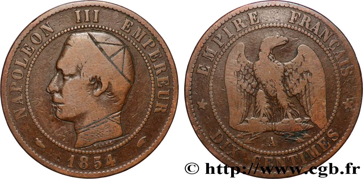 Dix centimes Napoléon III, tête nue, satirique 1854 Paris F.133/11 var. B+ 