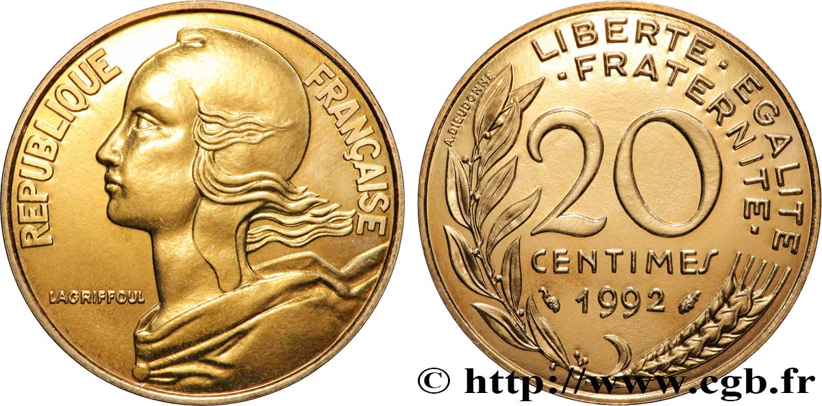 20 centimes Marianne, BU (Brillant Universel), frappe médaille 1992 Pessac F.156/34 FDC 
