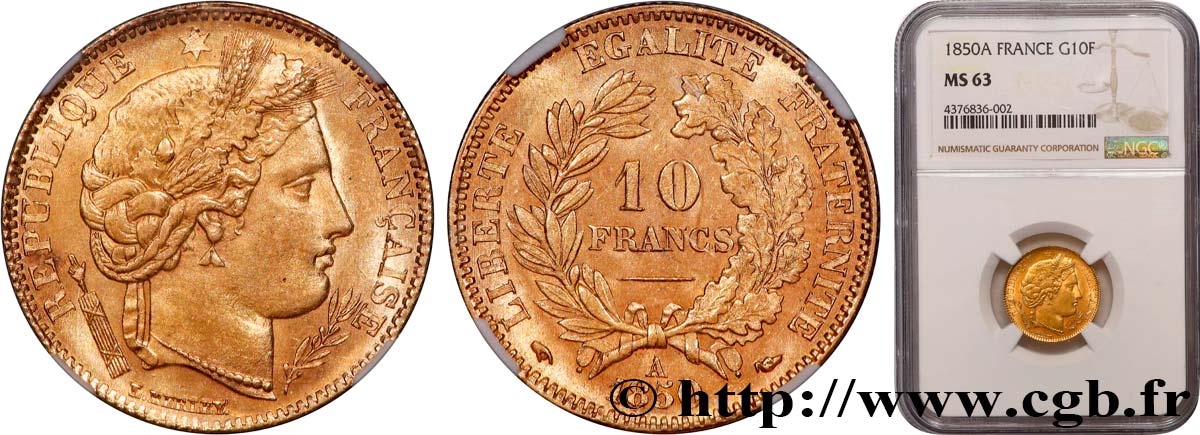 10 francs or Cérès, IIe République 1850 Paris F.504/2 MS63 NGC