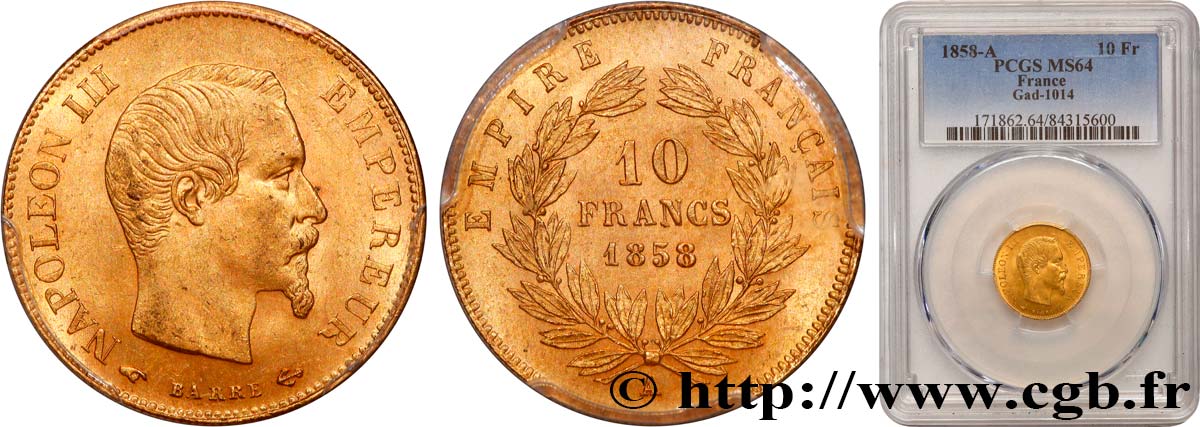 10 francs or Napoléon III, tête nue 1858 Paris F.506/5 MS64 PCGS