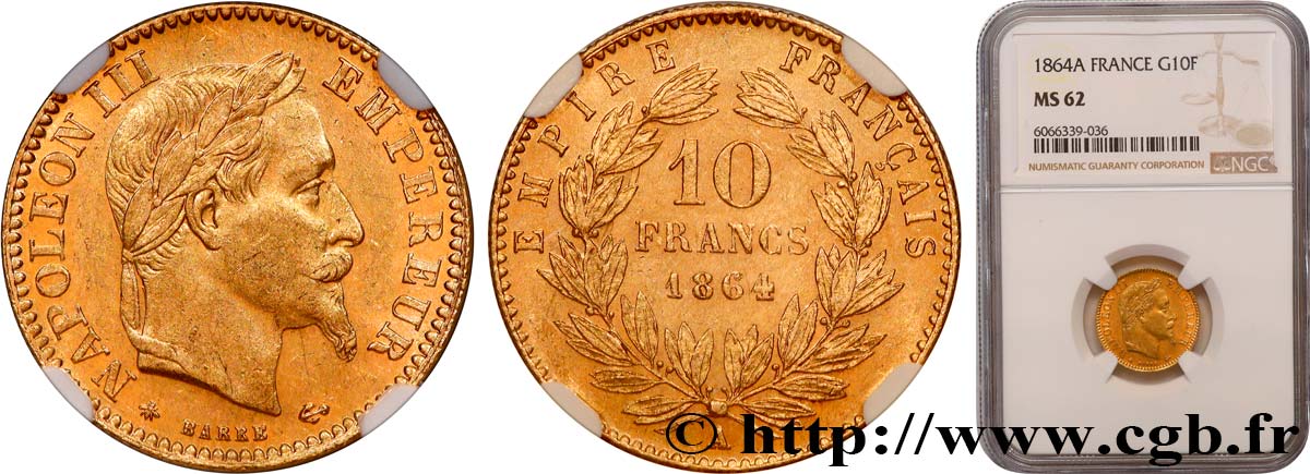 10 francs or Napoléon III, tête laurée 1864 Paris F.507A/6 SUP62 NGC