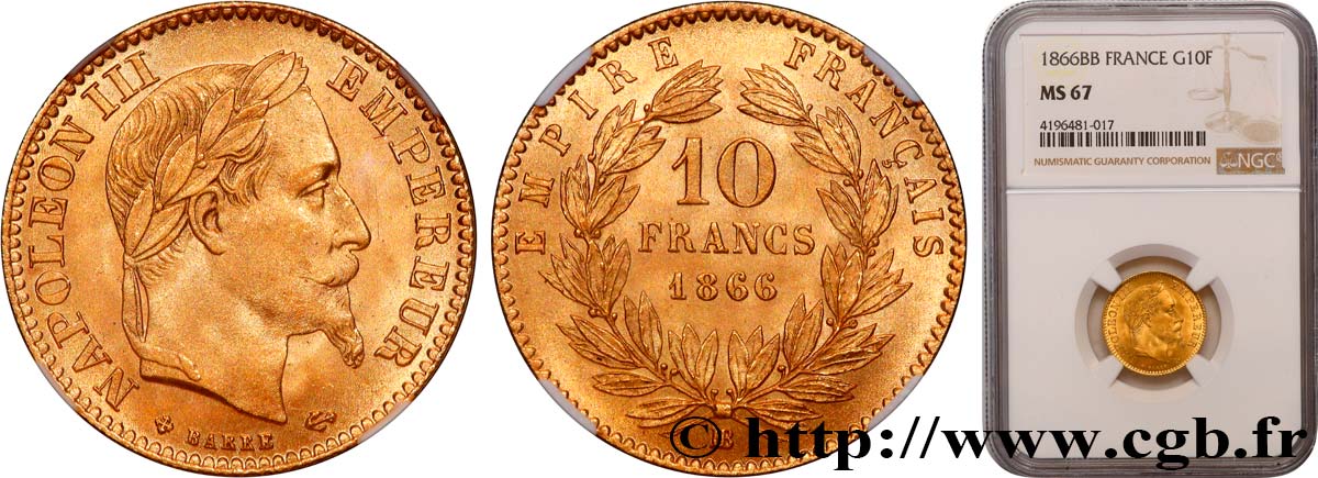 10 francs or Napoléon III, tête laurée 1866 Strasbourg F.507A/13 FDC67 NGC