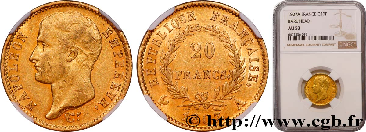 20 francs Napoléon tête nue, type transitoire 1807 Paris F.514/1 BB53 NGC