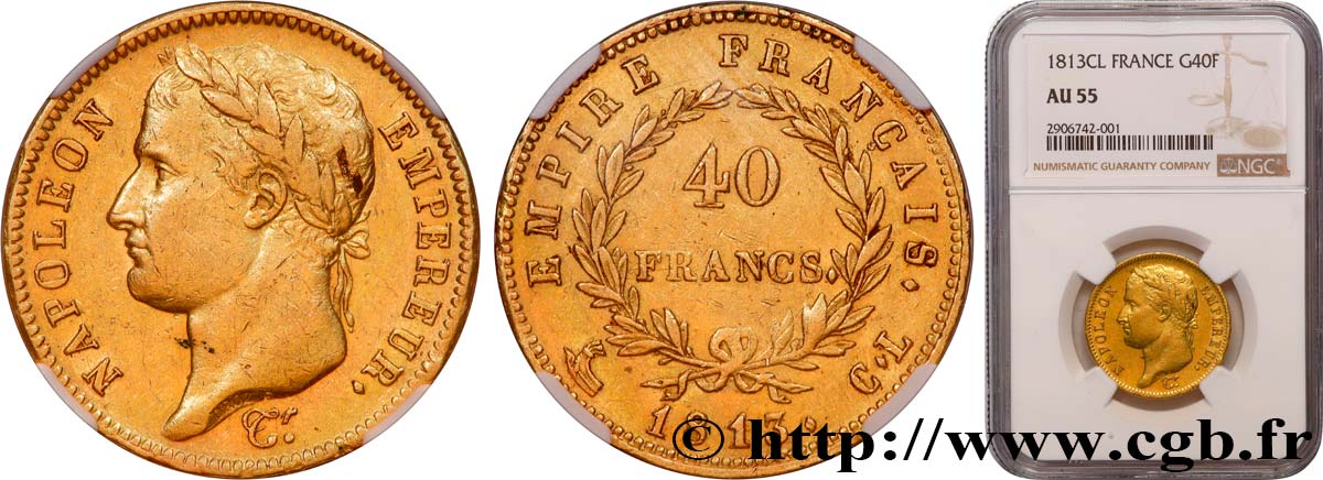 40 francs or Napoléon tête laurée, Empire français 1813 Gênes F.541/12 SUP55 NGC