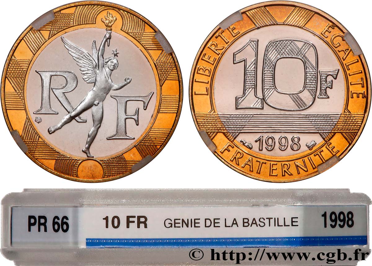 10 francs Génie de la Bastille, Avers BE / Revers BU 1998 Pessac F.375/15 var. FDC66 GENI