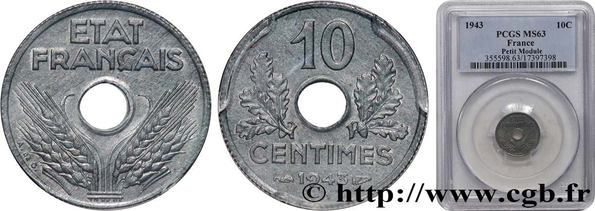 10 centimes État français, petit module 1943  F.142/2 MS63 PCGS