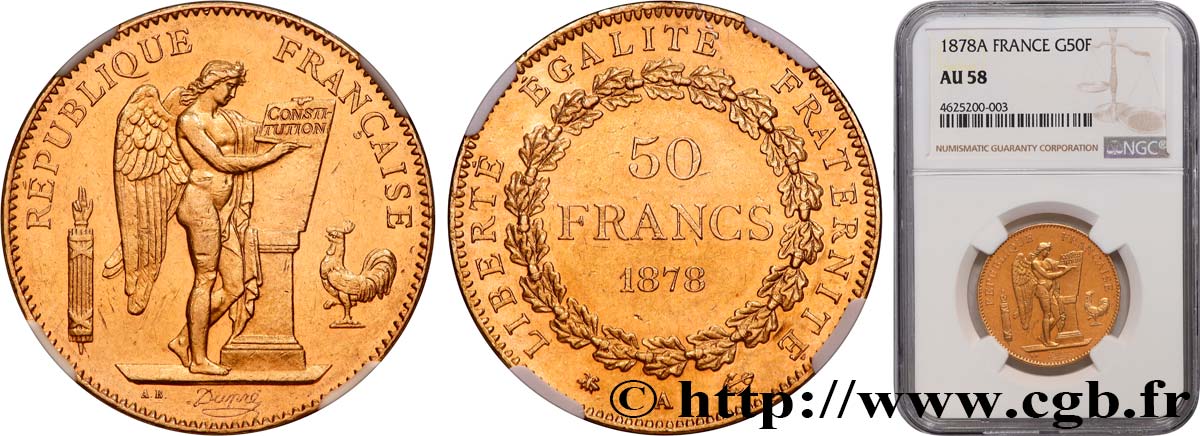 50 francs or Génie 1878 Paris F.549/1 SPL58 NGC