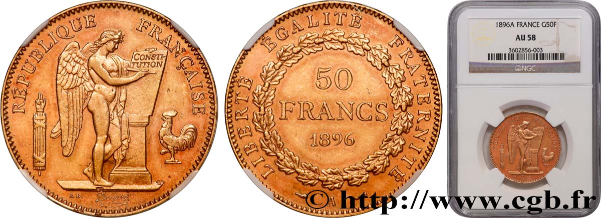 50 francs or Génie 1896 Paris F.549/4 AU58 NGC