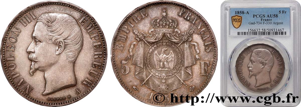 5 francs Napoléon III, tête nue 1858 Paris F.330/11 AU58 PCGS