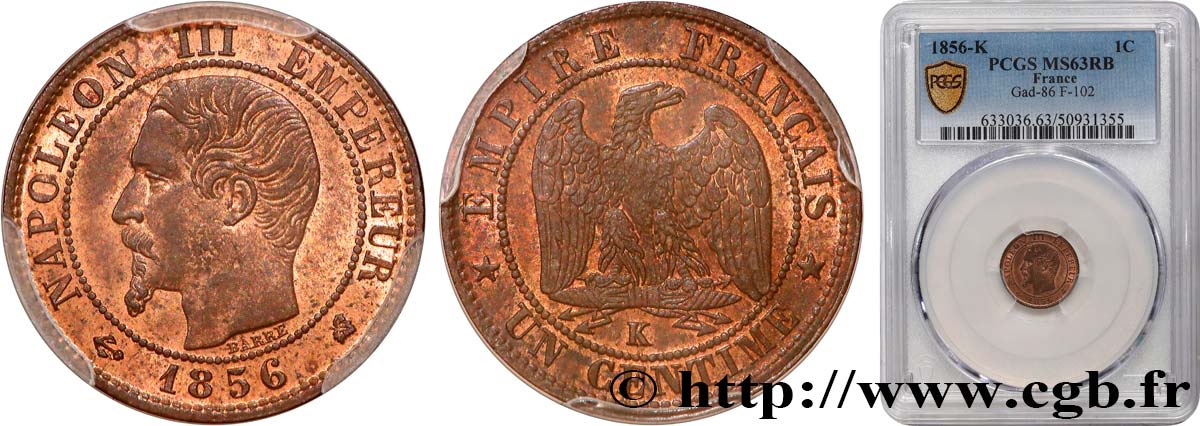 Un centime Napoléon III, tête nue 1856 Bordeaux F.102/30 SPL63 PCGS