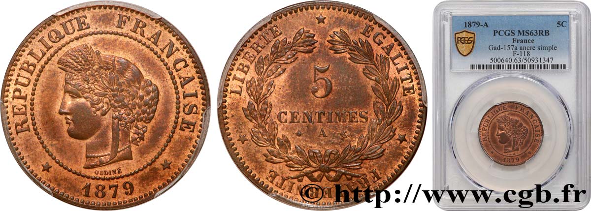 5 centimes Cérès 1879 Paris F.118/19 SPL63 PCGS