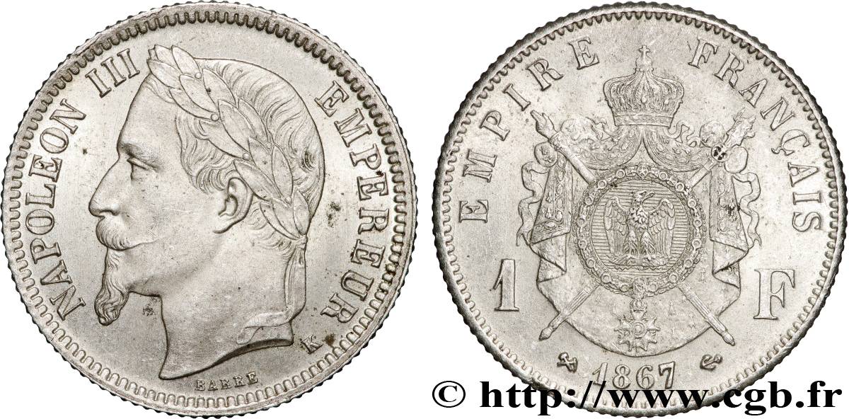 1 franc Napoléon III, tête laurée 1867 Bordeaux F.215/9 SUP 