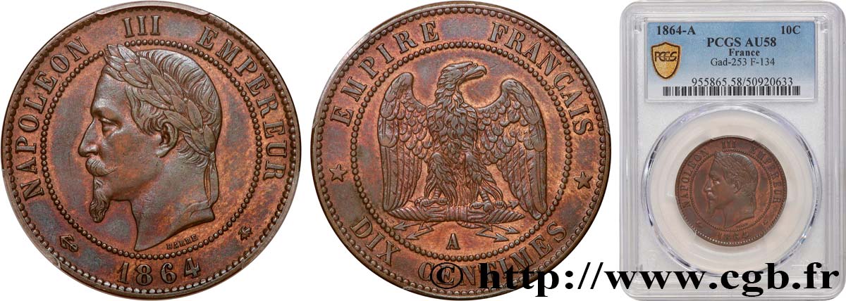 Dix centimes Napoléon III, tête laurée 1864 Paris F.134/13 AU58 PCGS