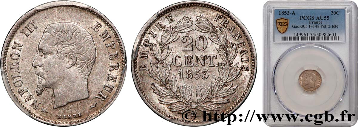 20 centimes Napoléon III, tête nue 1853 Paris F.148/1 AU55 PCGS