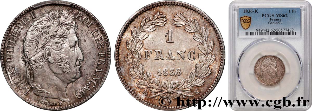 1 franc Louis-Philippe, couronne de chêne 1836 Bordeaux F.210/54 MS62 PCGS