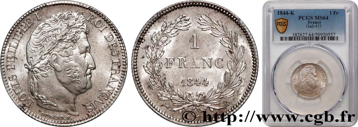 1 franc Louis-Philippe, couronne de chêne 1844 Bordeaux F.210/98 SPL64 PCGS