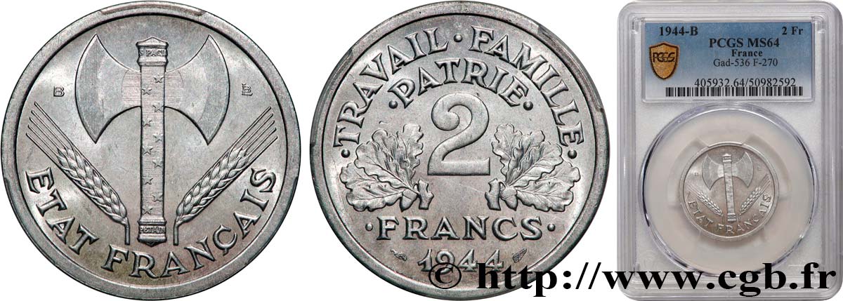 2 francs Francisque 1944 Beaumont-Le-Roger F.270/5 SPL64 PCGS