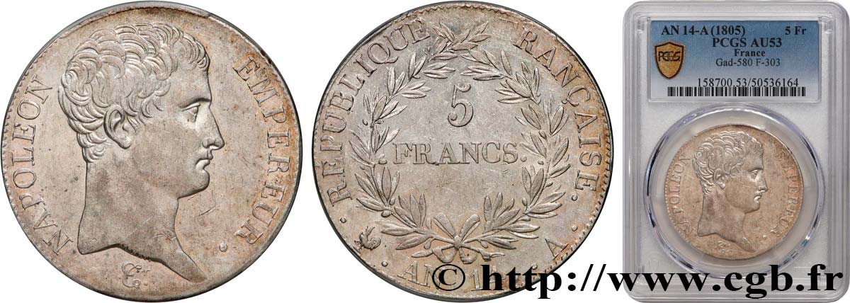 5 francs Napoléon Empereur, Calendrier révolutionnaire 1805 Paris F.303/19 BB53 PCGS