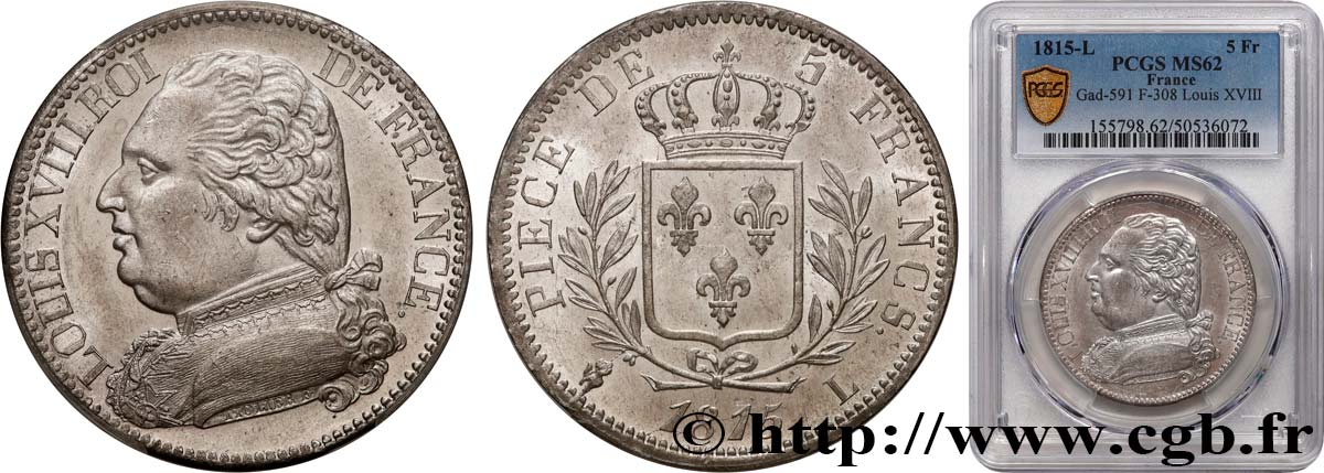 5 francs Louis XVIII, buste habillé 1815 Bayonne F.308/23 SUP62 PCGS