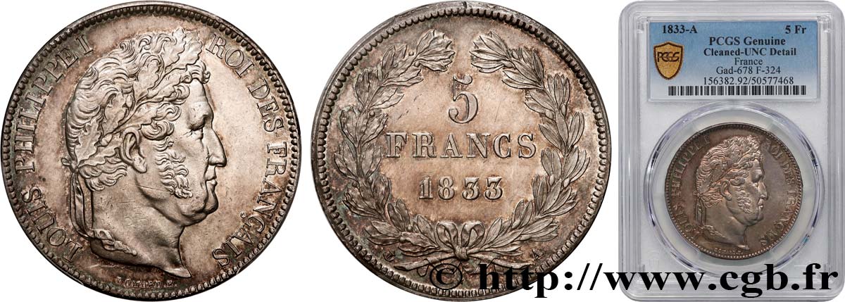 5 francs IIe type Domard 1833 Paris F.324/14 MS PCGS