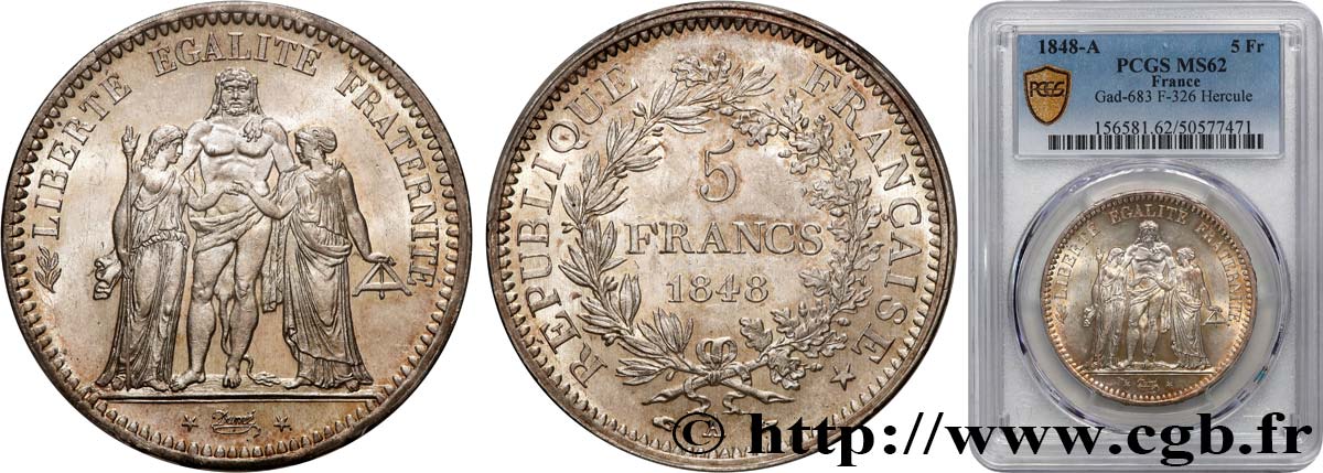 5 francs Hercule, IIe République 1848 Paris F.326/1 MS62 PCGS