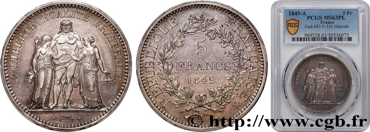 5 francs Cérès, IIe République, Proof Like 1849 Paris F.327/1 SPL63 PCGS