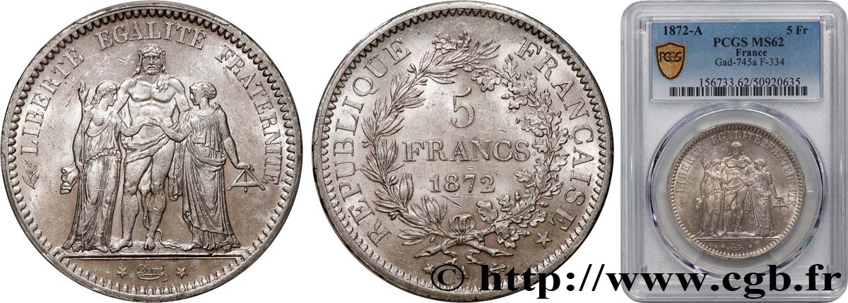 5 francs Hercule 1872 Paris F.334/6 SUP62 PCGS