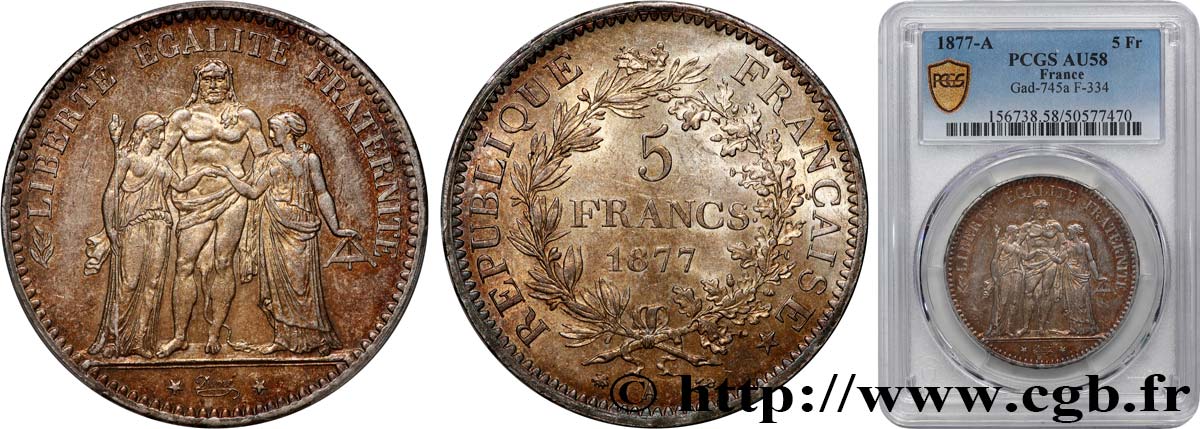 5 francs Hercule 1877 Paris F.334/19 AU58 PCGS