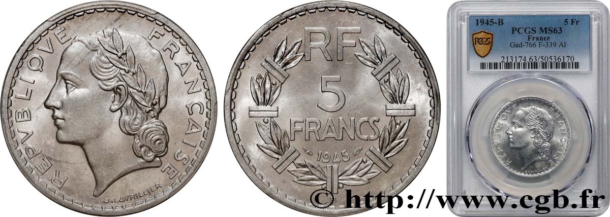 5 francs Lavrillier, aluminium 1945 Beaumont-Le-Roger F.339/4 SPL63 PCGS