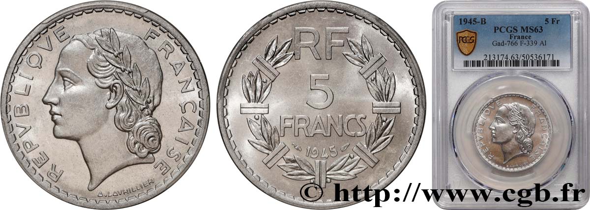 5 francs Lavrillier, aluminium 1945 Beaumont-Le-Roger F.339/4 SPL63 PCGS