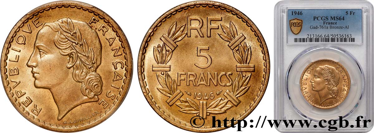 5 francs Lavrillier, bronze-aluminium 1946  F.337/7 SPL64 PCGS