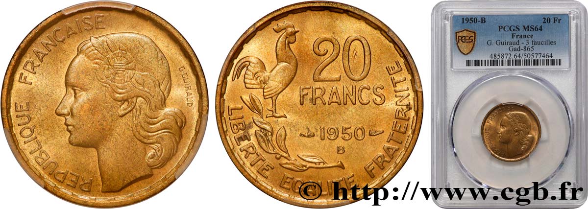 20 francs G. Guiraud, 3 faucilles 1950 Beaumont-Le-Roger F.402/5 SPL64 PCGS