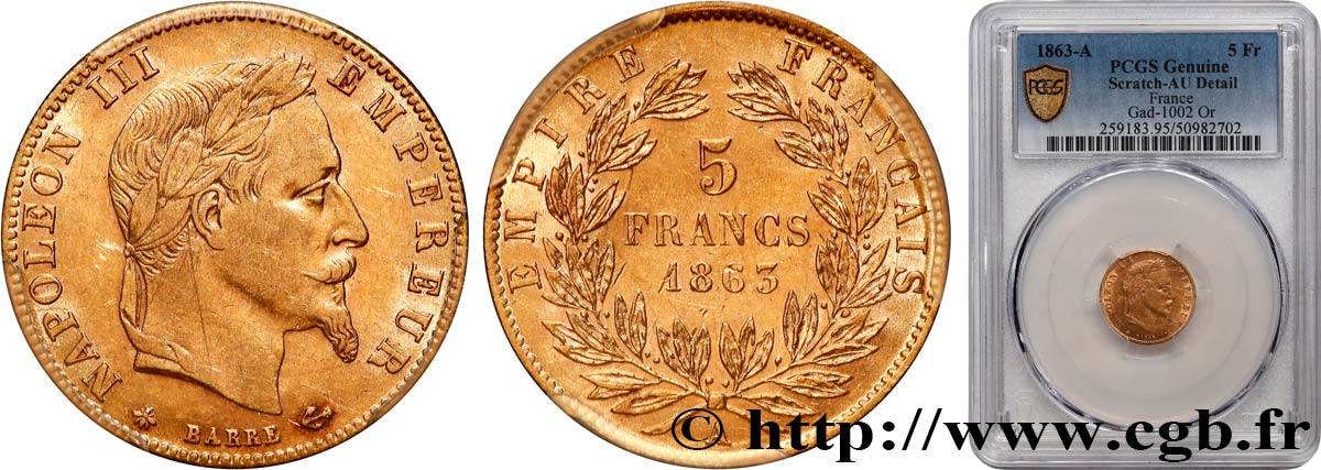 5 francs or Napoléon III, tête laurée 1863 Paris F.502/3 TTB+ PCGS