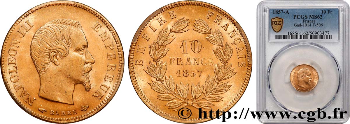 10 francs or Napoléon III, tête nue 1857 Paris F.506/4 SUP62 PCGS