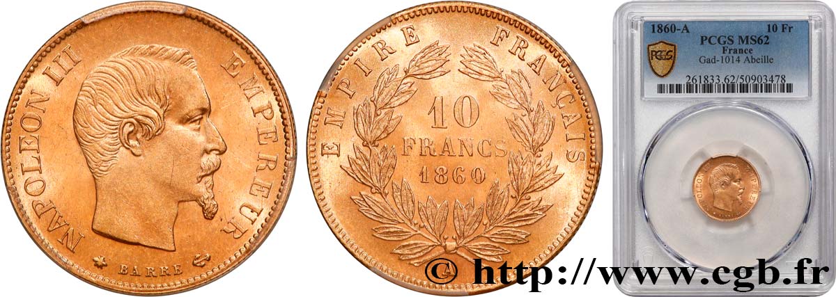 10 francs or Napoléon III, tête nue 1860 Paris F.506/10 MS62 PCGS