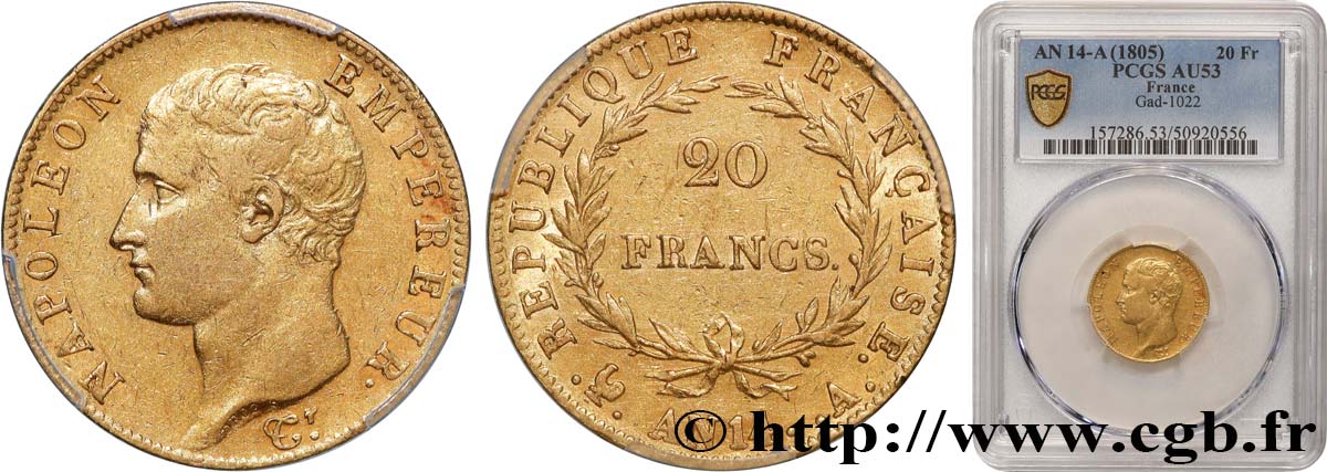 20 francs or Napoléon tête nue, Calendrier révolutionnaire 1805 Paris F.512/5 TTB53 PCGS