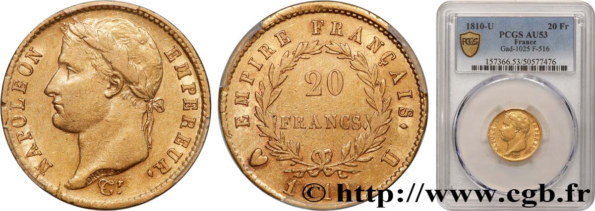 20 francs or Napoléon tête laurée, Empire français 1810 Turin F.516/14 TTB53 PCGS